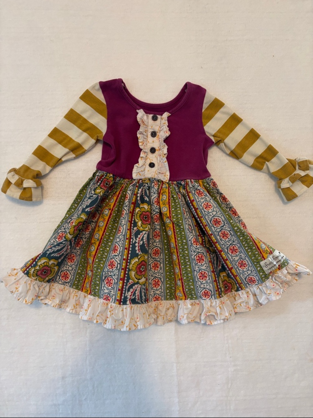 SweetHoney Purple and Mustard Striped Sleeve Floral Skirt Dress
